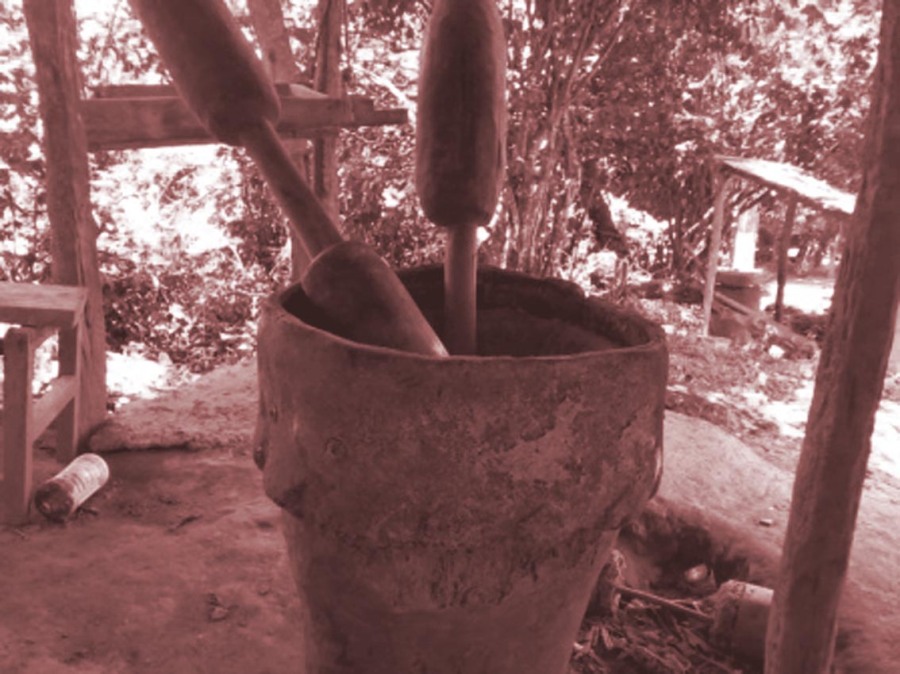El pilón, que es un tronco de árbol ahuecado, también se usó para moler el maíz